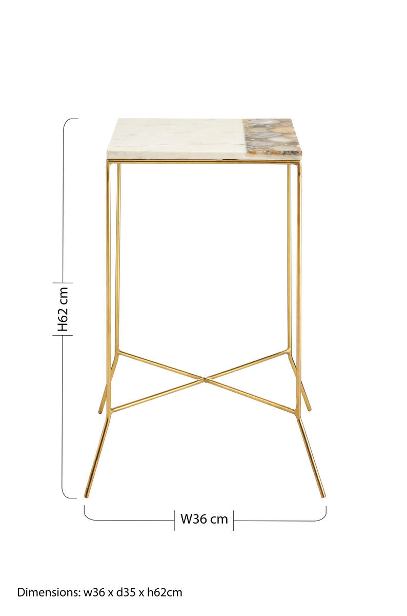 Orsina Vizzini White Marble Side Table with Agate Inlay & Gold Base