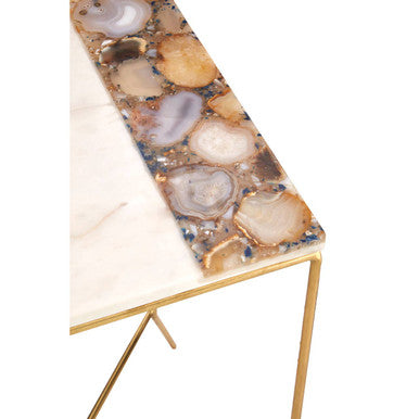 Orsina Vizzini White Marble Side Table with Agate Inlay & Gold Base