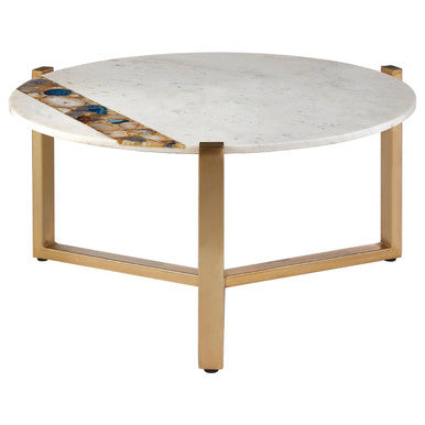 Orsina Vizzini Round White Marble Coffee Table with Gold Brass Legs