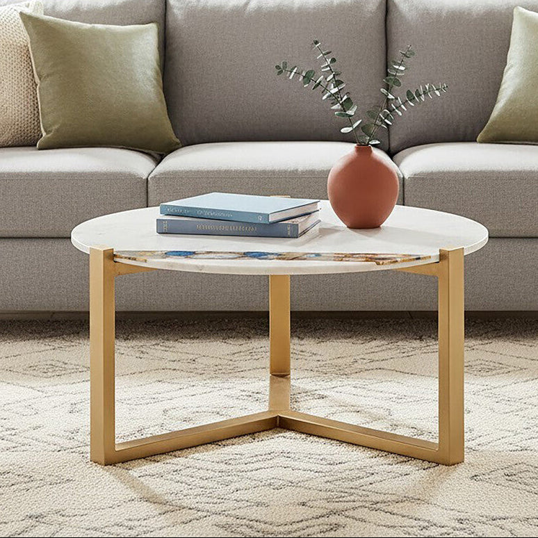 Orsina Vizzini Round White Marble Coffee Table with Gold Brass Legs