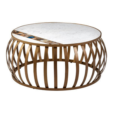 Orsina Vizzini Round White Marble Coffee Table with Brass Base