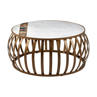 Orsina Vizzini Round White Marble Coffee Table with Brass Base