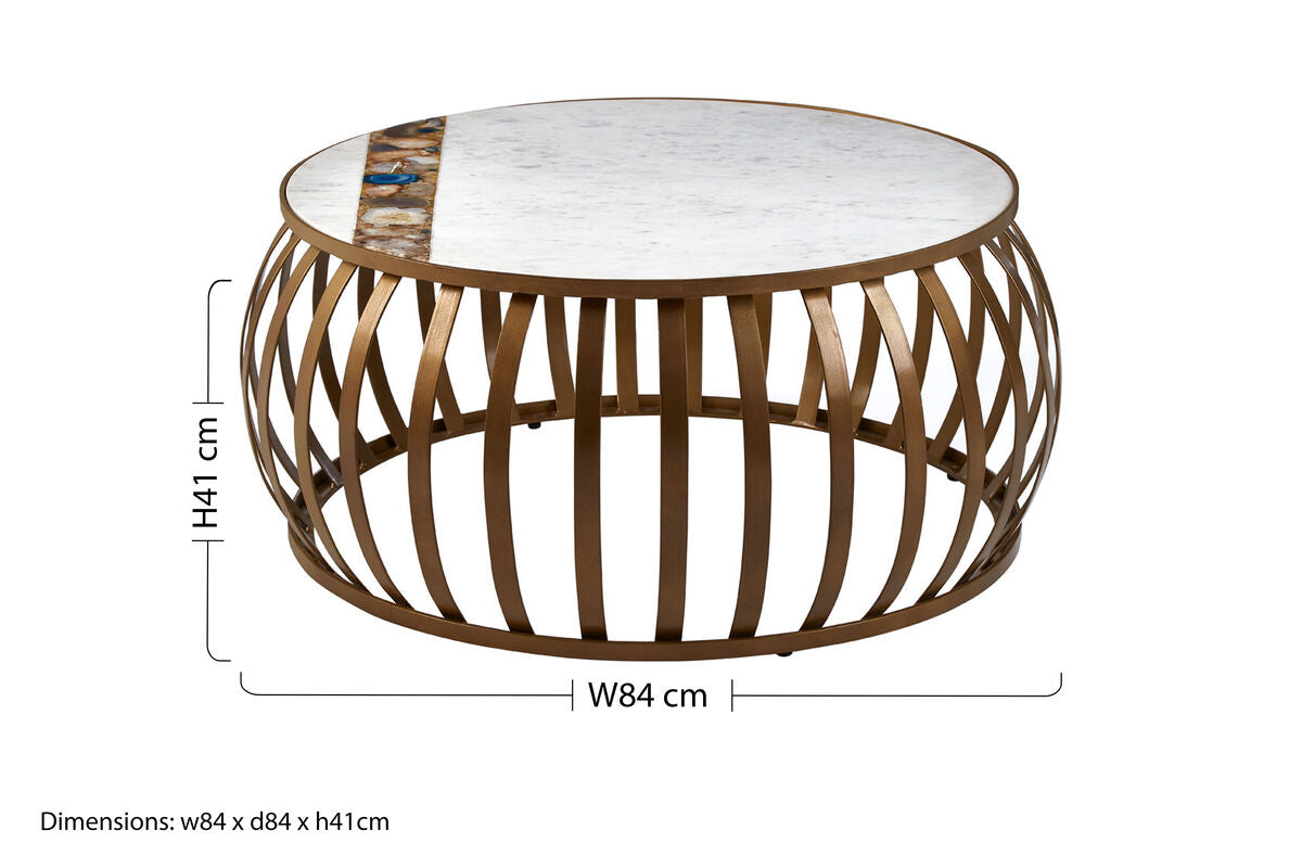 Orsina Vizzini Round White Marble Coffee Table with Brass Base