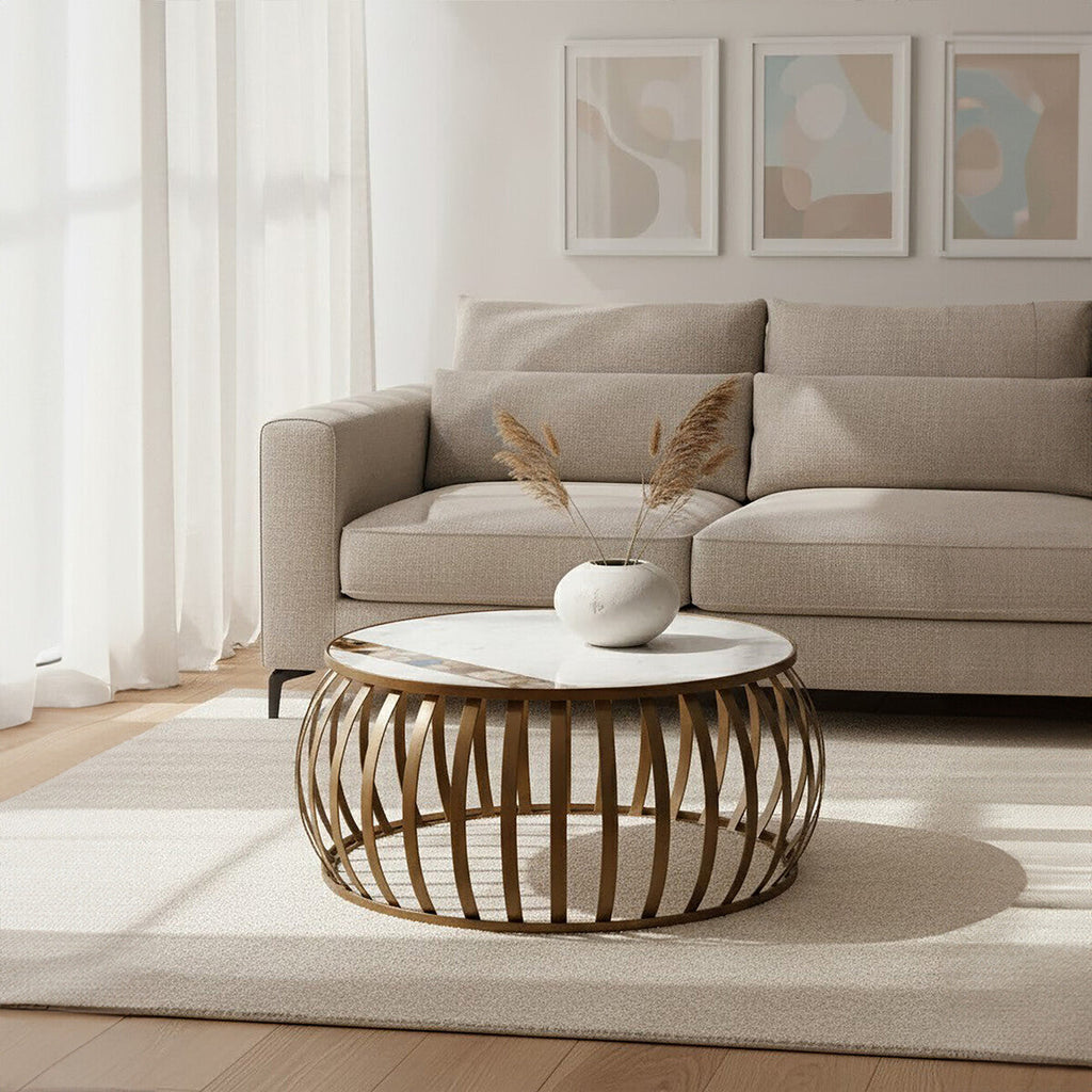 Orsina Vizzini Round White Marble Coffee Table with Brass Base