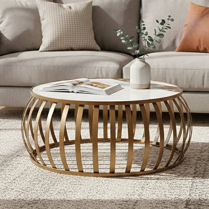 Orsina Vizzini Round White Marble Coffee Table with Brass Base