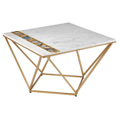 Orsina White Marble Square Coffee Table with Agate Stone Inlay