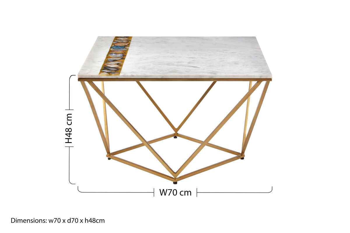 Orsina White Marble Square Coffee Table with Agate Stone Inlay