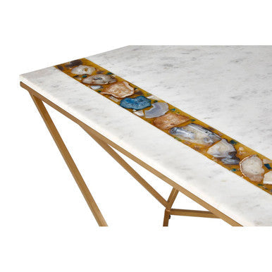 Orsina White Marble Square Coffee Table with Agate Stone Inlay