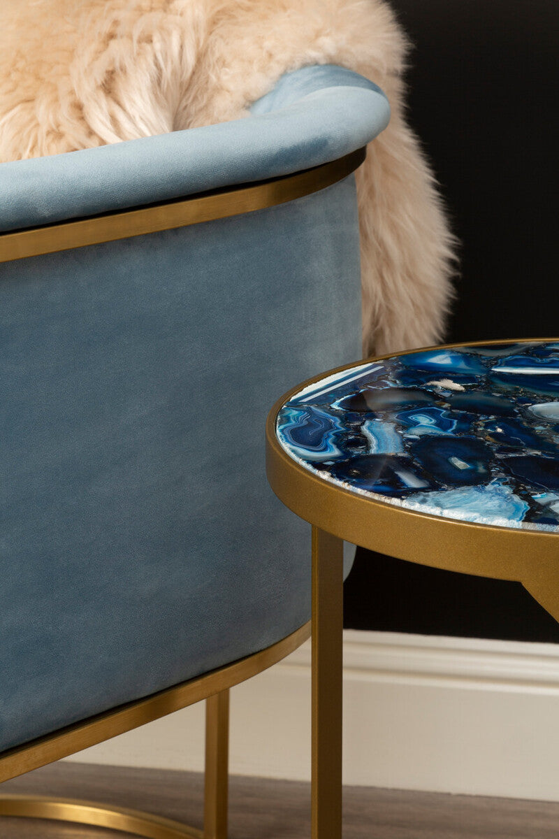 Orsina Vizzini Blue Agate Side Table | Round Stone Top & Brass Legs