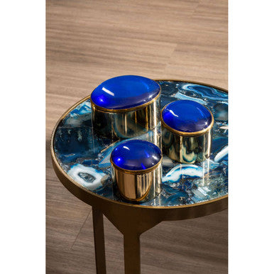 Orsina Vizzini Blue Agate Side Table | Round Stone Top & Brass Legs