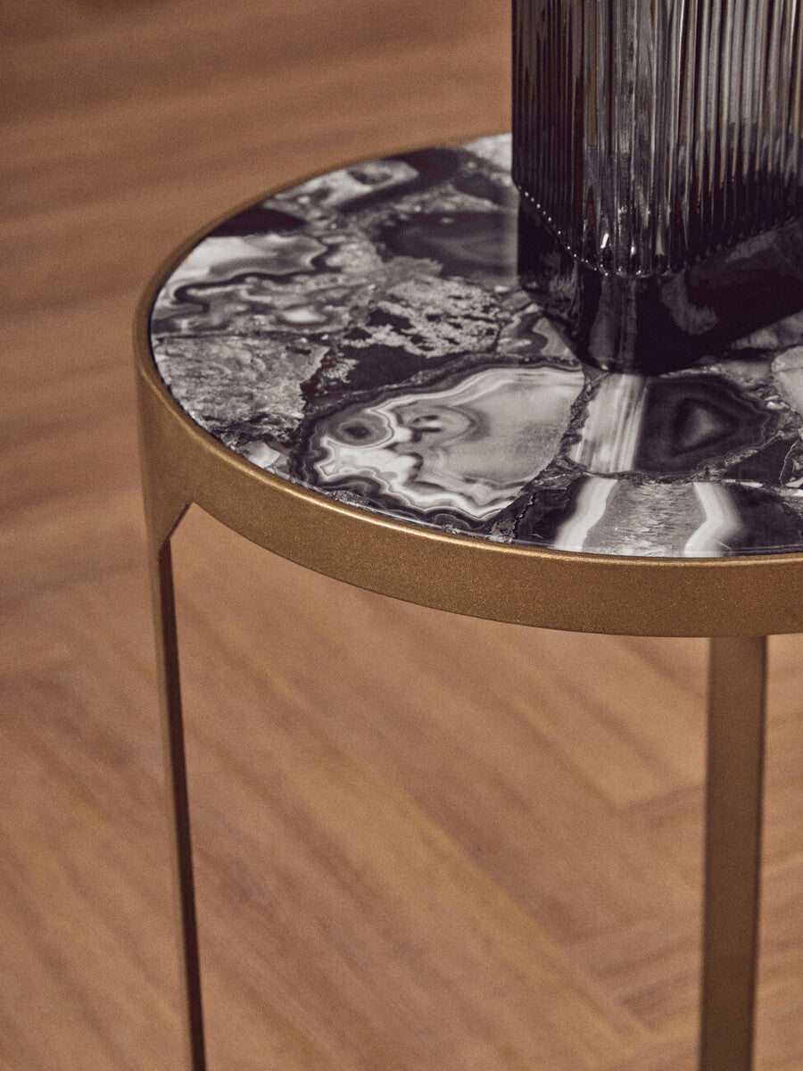 Orsina Vizzini Blue Agate Side Table | Round Stone Top & Brass Legs