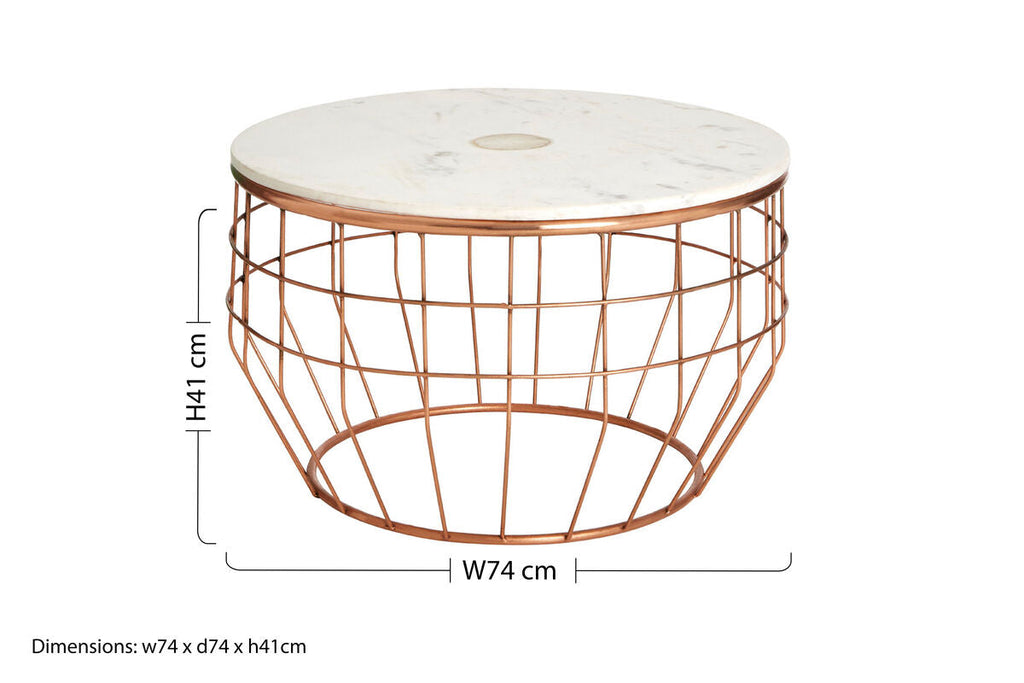 Orsina Vizzini Round White Marble Coffee Table with Copper Base