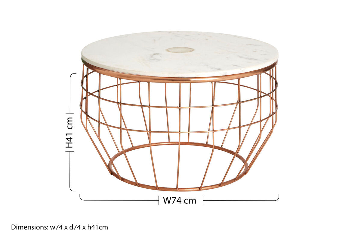 Orsina Vizzini Round White Marble Coffee Table with Copper Base