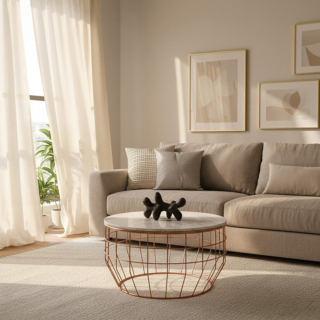 Orsina Vizzini Round White Marble Coffee Table with Copper Base