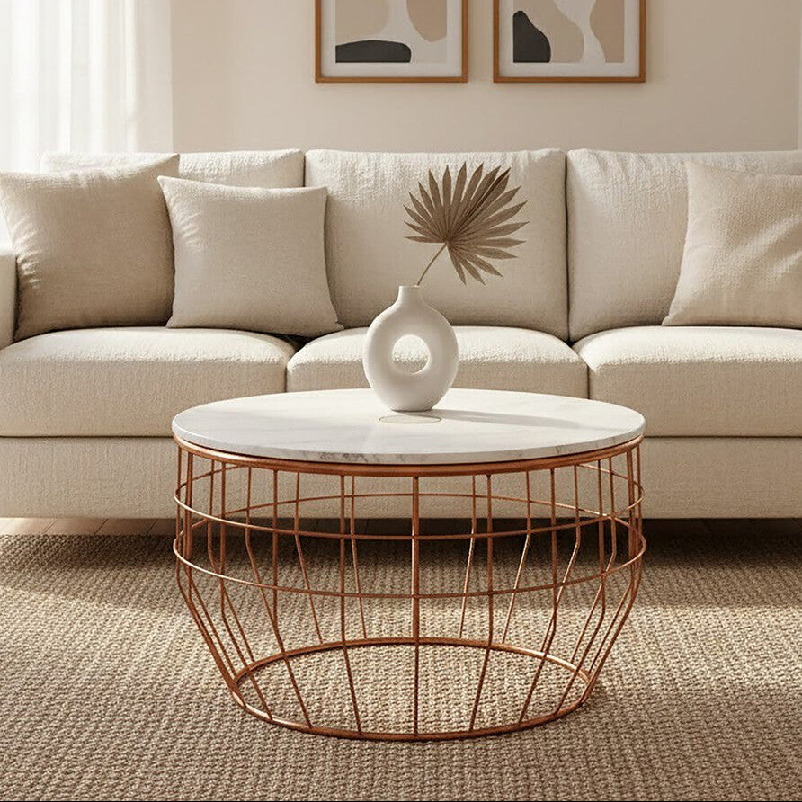 Orsina Vizzini Round White Marble Coffee Table with Copper Base