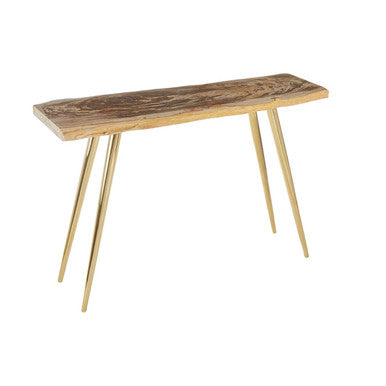 Orsina Petrified Wood Console Table | Slim Brass Finish Iron Legs