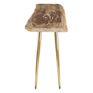 Orsina Petrified Wood Console Table | Slim Brass Finish Iron Legs