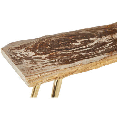 Orsina Petrified Wood Console Table | Slim Brass Finish Iron Legs
