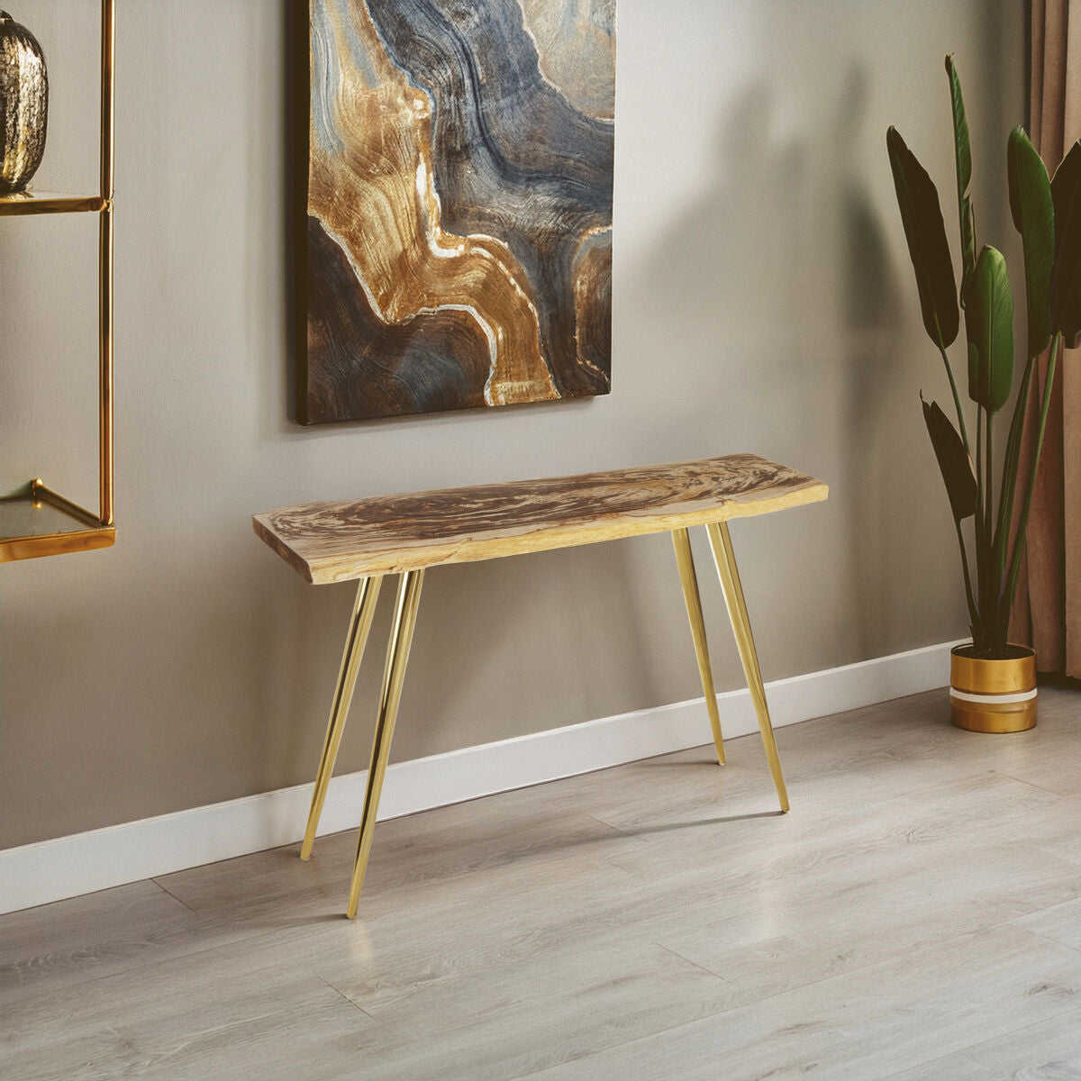 Orsina Petrified Wood Console Table | Slim Brass Finish Iron Legs