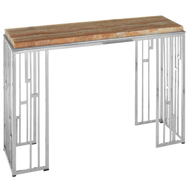 Orsina Relic Natural Onyx Stone Console Table | Silver Stainless Steel