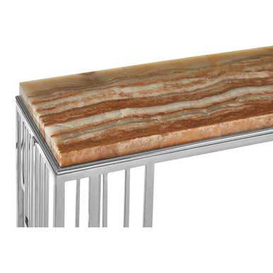 Orsina Relic Natural Onyx Stone Console Table | Silver Stainless Steel
