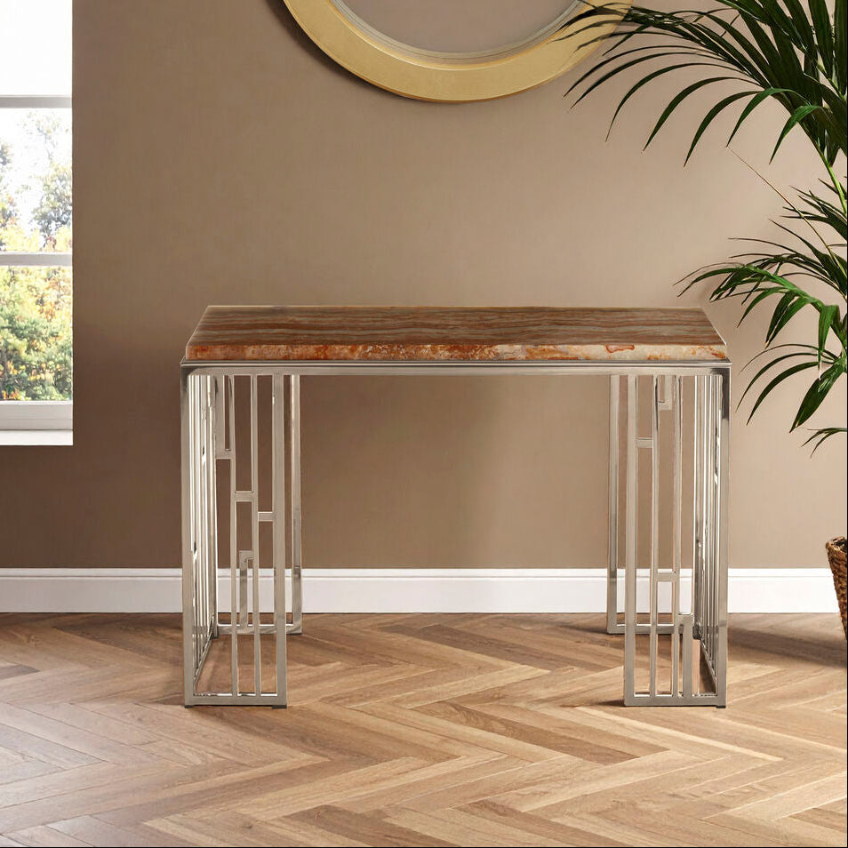 Orsina Relic Natural Onyx Stone Console Table | Silver Stainless Steel