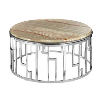 Orsina Relic Round Onyx Stone Coffee Table | Silver Stainless Steel