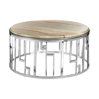 Orsina Relic Round Onyx Stone Coffee Table | Silver Stainless Steel