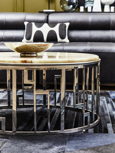 Orsina Relic Round Onyx Stone Coffee Table | Silver Stainless Steel