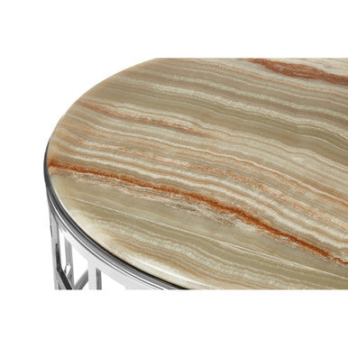 Orsina Relic Round Onyx Stone Coffee Table | Silver Stainless Steel