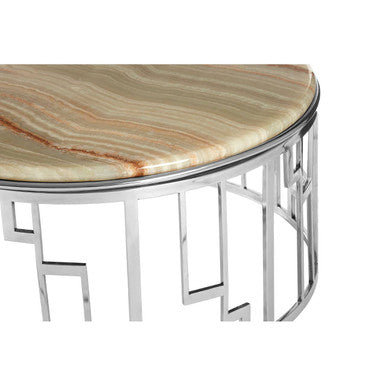 Orsina Relic Round Onyx Stone Coffee Table | Silver Stainless Steel