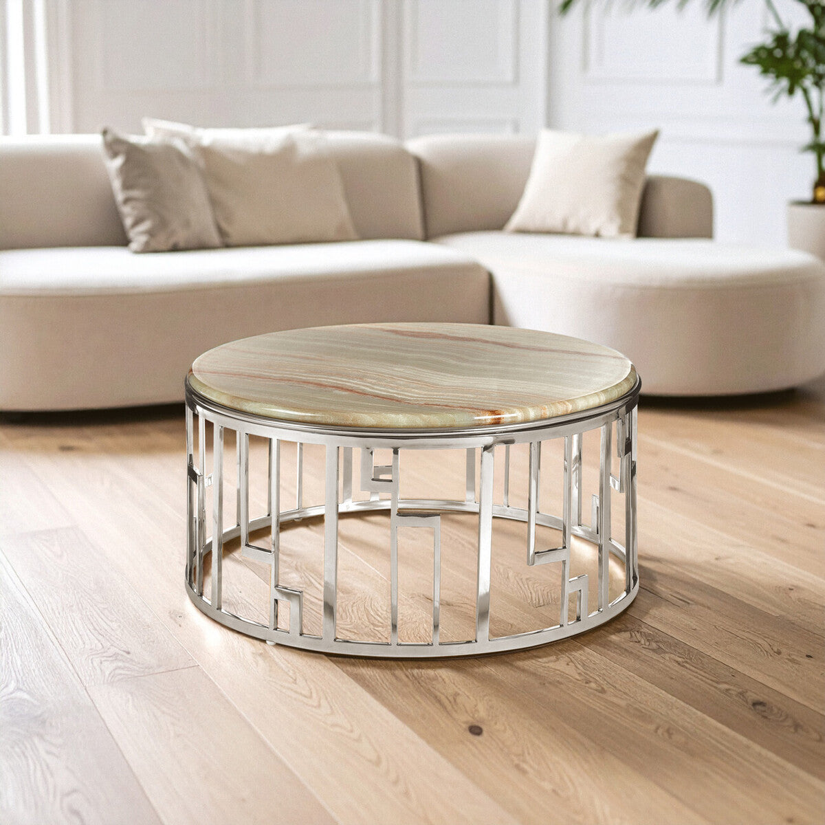 Orsina Relic Round Onyx Stone Coffee Table | Silver Stainless Steel