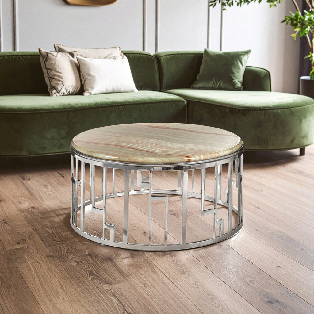 Orsina Relic Round Onyx Stone Coffee Table | Silver Stainless Steel