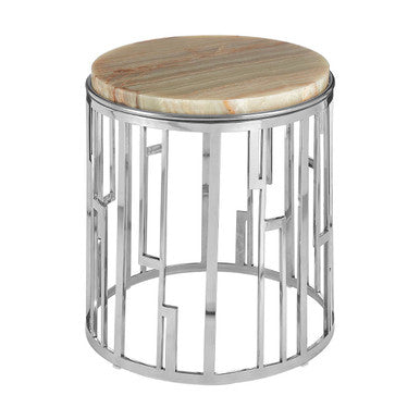 Orsina Relic Round Onyx Stone Side Table | Silver Stainless Steel