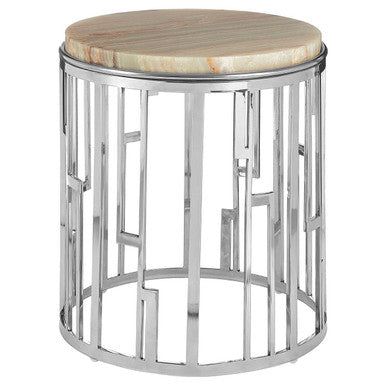 Orsina Relic Round Onyx Stone Side Table | Silver Stainless Steel