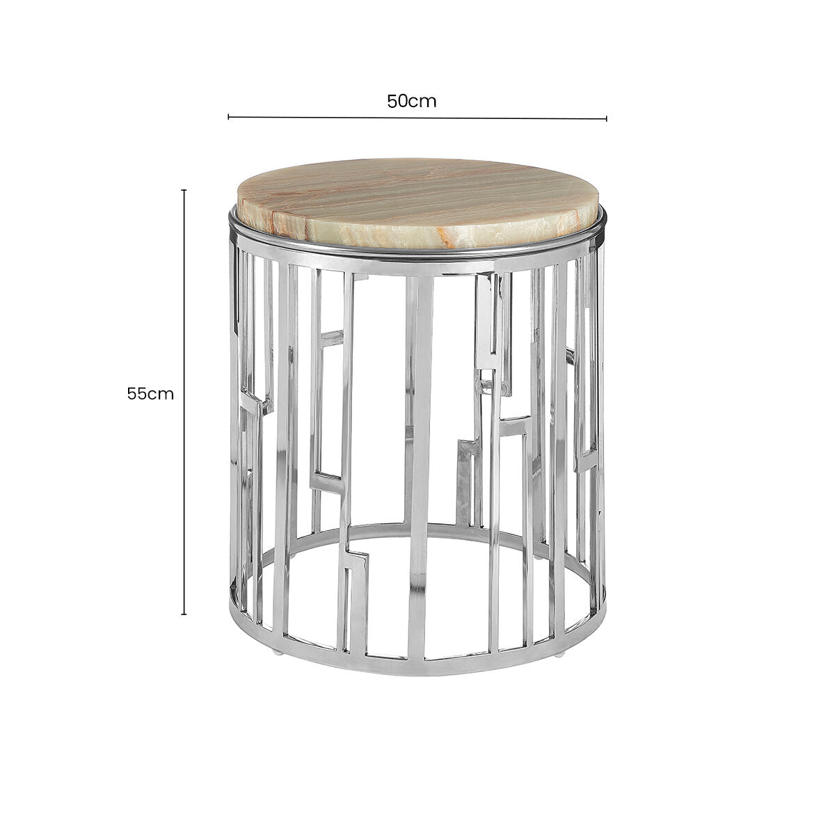 Orsina Relic Round Onyx Stone Side Table | Silver Stainless Steel