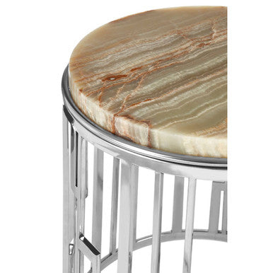 Orsina Relic Round Onyx Stone Side Table | Silver Stainless Steel