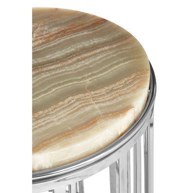 Orsina Relic Round Onyx Stone Side Table | Silver Stainless Steel