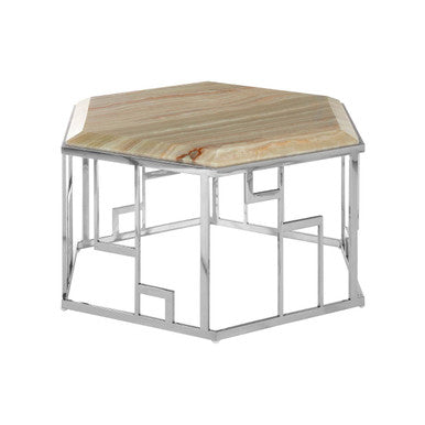 Orsina Relic Hexagonal Onyx Coffee Table | Silver Stainless Steel Frame
