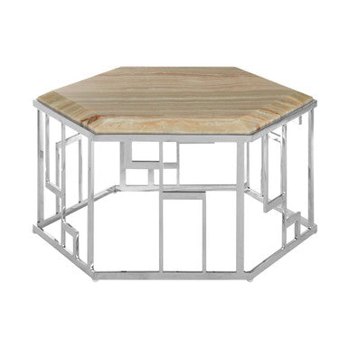 Orsina Relic Hexagonal Onyx Coffee Table | Silver Stainless Steel Frame