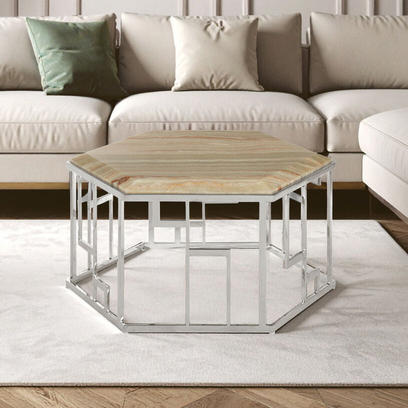 Orsina Relic Hexagonal Onyx Coffee Table | Silver Stainless Steel Frame