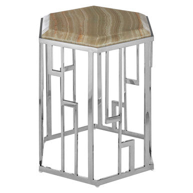 Orsina Relic Hexagonal Onyx Side Table | Silver Stainless Steel