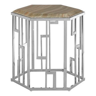 Orsina Relic Hexagonal Onyx Side Table | Silver Stainless Steel