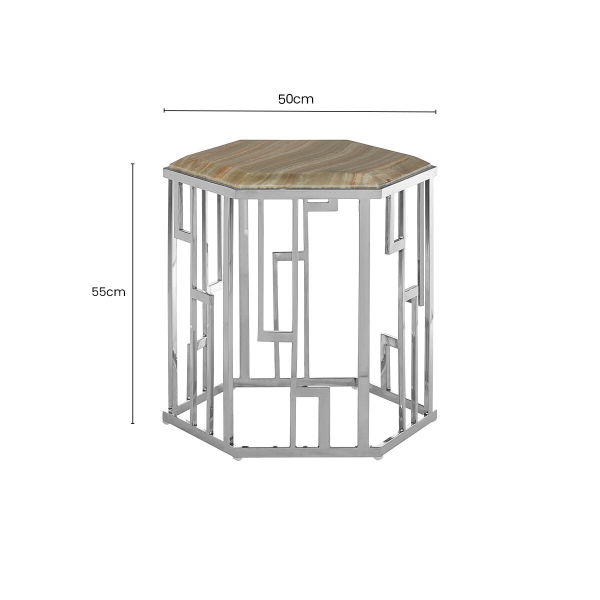 Orsina Relic Hexagonal Onyx Side Table | Silver Stainless Steel