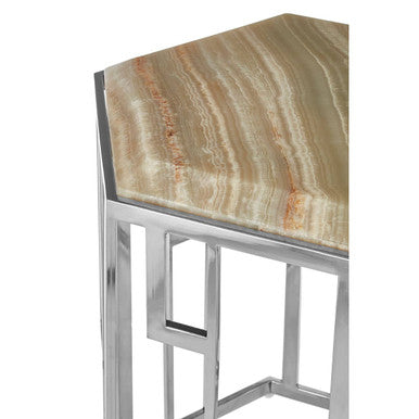 Orsina Relic Hexagonal Onyx Side Table | Silver Stainless Steel