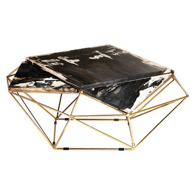 Orsina Petrified Wood Coffee Table | Dark Stone & Gold Geometric Base