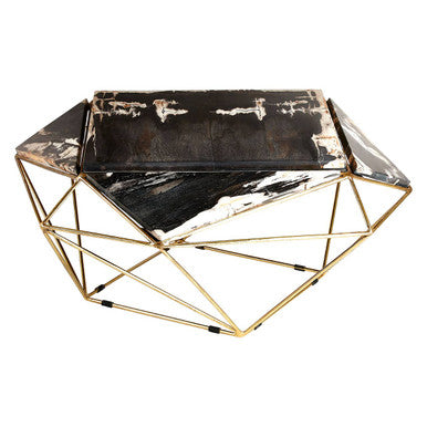 Orsina Petrified Wood Coffee Table | Dark Stone & Gold Geometric Base