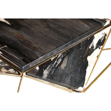 Orsina Petrified Wood Coffee Table | Dark Stone & Gold Geometric Base