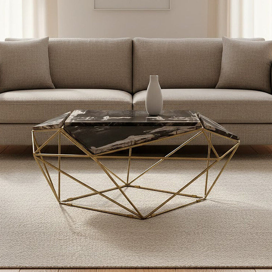Orsina Petrified Wood Coffee Table | Dark Stone & Gold Geometric Base