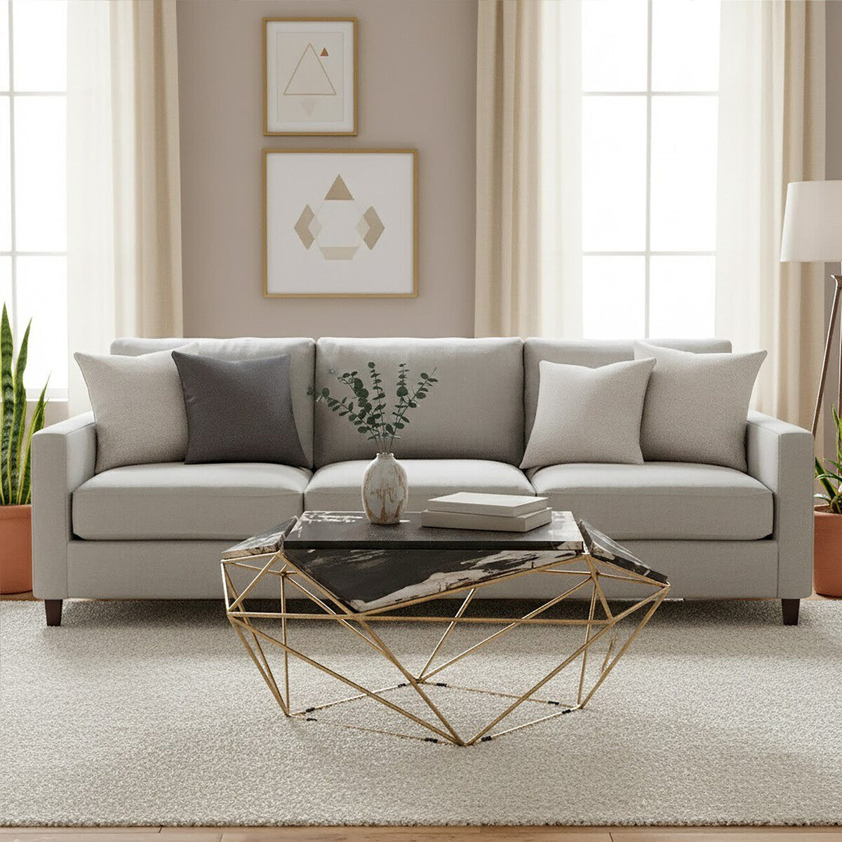 Orsina Petrified Wood Coffee Table | Dark Stone & Gold Geometric Base